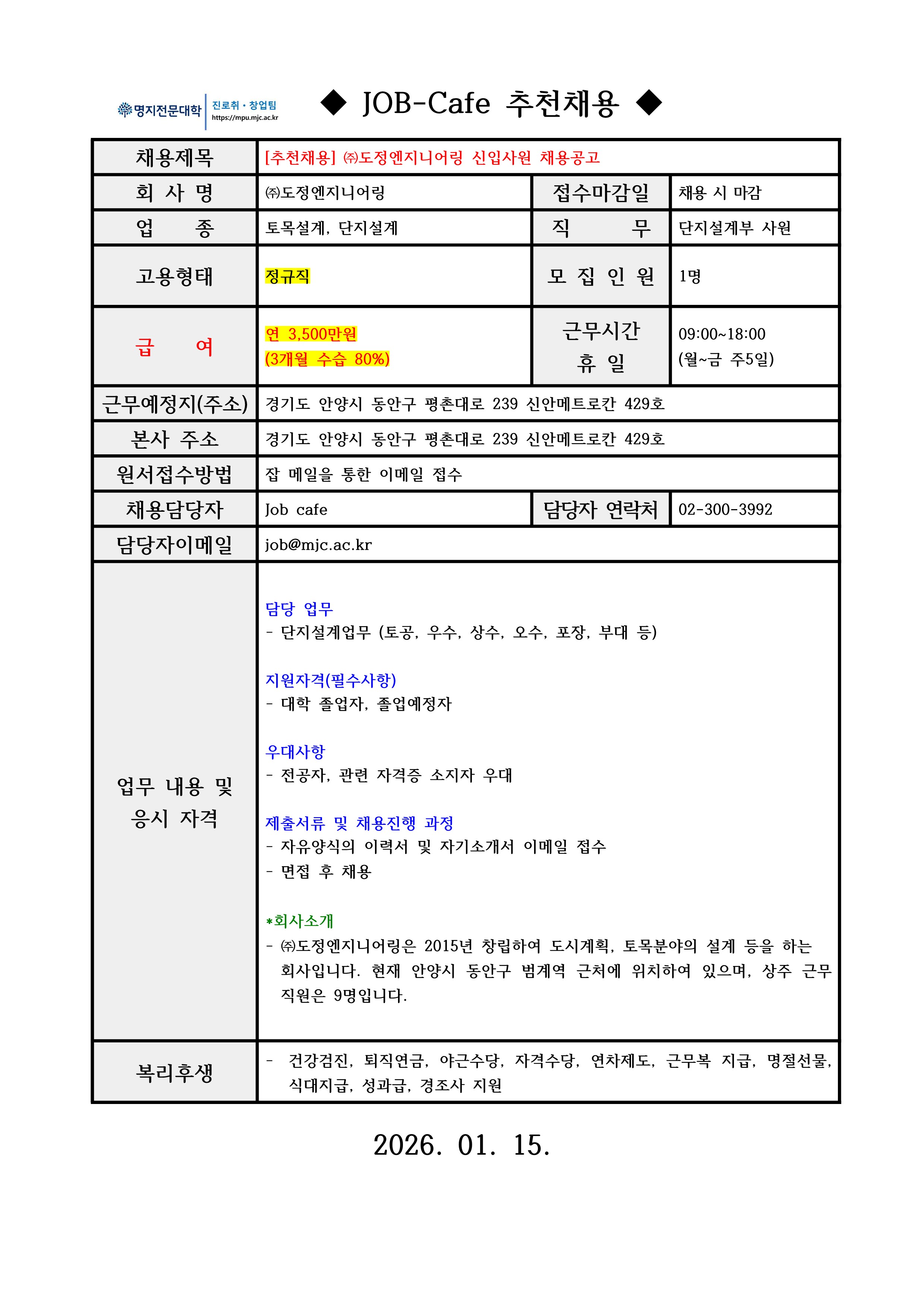 명지전문대학 MYONGJI COLLEGE 취업지원팀 / ◆ JOB-Cafe 추천채용 ◆ / 채용제목 : [추천채용] ㈜도정엔지니어링 신입사원 채용공고 / 접수마감일 : 채용 시 마감 / 회사명: ㈜도정엔지니어링 / 업종 : 토목설계, 단지설계 / 직무 :단지설계부 사원 / 고용형태 : 정규직 / 모집인원 :1명 / 급여 : 연 3,500만원 (3개월 수습 80%) / 근무시간 휴일 : 09:00~18:00 (월~금 주5일) / 근무예정지(주소) : 경기도 안양시 동안구 평촌대로 239 신안메트로칸 429호 / 본사 주소 : 경기도 안양시 동안구 평촌대로 239 신안메트로칸 429호 / 원서접수방법 : 잡카페 메일 또는 전화로 지원 접수(확인 후 개별로 지원방법 안내) / 채용담당자 : Job cafe / 담당자 연락처 : 02-300-3992 / 담당자 이메일 : job@mjc.ac.kr / 업무 내용 및 응시 자격 : 담당 업무 / - 단지설계업무 (토공, 우수, 상수, 오수, 포장, 부대 등) / 지원자격 / - 대학 졸업자, 졸업예정자 / 우대사항 / - 전공자, 관련 자격증 소지자 우대 / 제출서류 및 채용 진행 과정 / - 자유양식의 이력서 및 자기소개서 이메일 접수 - 면접 후 채용 / *회사소개 / - ㈜도정엔지니어링은 2015년 창립하여 도시계획, 토목분야의 설계 등을 하는 회사입니다. 현재 안양시 동안구 범계역 근처에 위치하여 있으며, 상주 근무 직원은 9명입니다. / 복리후생 / - 건강검진, 퇴직연금, 야근수당, 자격수당, 연차제도, 근무복 지급, 명절선물, 식대지급, 성과급, 경조사 지원 / 2026. 01. 15.