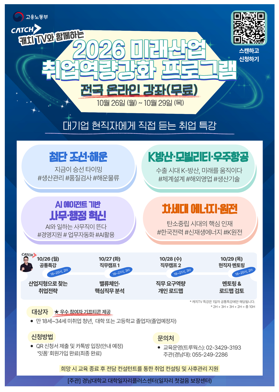 [고용노동부] 2026 미래산업 취업역량강화 프로그램 / 캐치 TV와 함께하는 전국 온라인 강좌 (무료) / ■ 프로그램 안내 / 일정: 10월 26일(월) ~ 10월 29일(목) / 내용: 대기업 현직자에게 직접 듣는 취업 특강 / 특전: / 우수 참여자 기프티콘 제공 / 희망 시 교육 종료 후 전담 컨설턴트를 통한 취업 컨설팅 및 사후관리 지원 / ■ 주요 교육 분야 / 첨단 조선·해운 (지금이 승선 타이밍) / #생산관리 #품질검사 #해운물류 / K방산·모빌리티·우주항공 (수출 시대 K-방산, 미래를 움직이다) / #체계설계 #해외영업 #생산기술 / AI 에이전트 기반 사무행정 혁신 (AI와 일하는 사무직이 뜬다) / #경영지원 #업무자동화 #AI활용 / 차세대 에너지·원전 (탄소중립 시대의 핵심 인재) / #한국전력 #신재생에너지 #K원전 / ■ 일정별 상세 커리큘럼 (총 10시간) / 10/26 (월) 공통특강 (18시~20시, 2H) / 산업지형으로 찾는 취업전략 (※ 캐치TV 특강은 1일차 공통특강에만 해당됩니다.) / 10/27 (화) 직무캠프 1 (18시~21시, 3H) / 밸류체인 및 핵심직무분석 / 10/28 (수) 직무캠프 2 (18시~21시, 3H) / 직무요구역량 및 개인 로드맵 / 10/29 (목) 현직자 멘토링 (18시~20시, 2H) / 멘토링 & 로드맵 검토 / ■ 신청 및 문의 / 대상자: 만 18세~34세 미취업 청년, 대학 또는 고등학교 졸업자(졸업예정자) / 신청방법: 스캔하고 신청하기 / QR 신청서 제출 및 카톡방 입장(안내 예정) / '잇폼' 회원가입 완료(최종 완료) / 문의처: / 교육운영(트루웍스): 02-3429-3193 / 주관(경남대): 055-249-2286 / [주관] 경남대학교 대학일자리플러스센터 (일자리 첫걸음 보장센터)